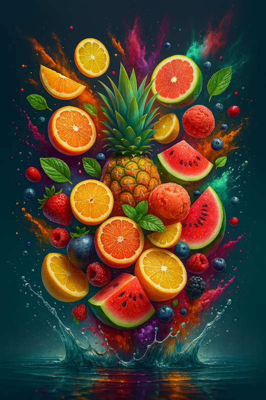 Genéticas tropicales con sabores cítricos, ilustración de frutas tropicales y hojas verdes